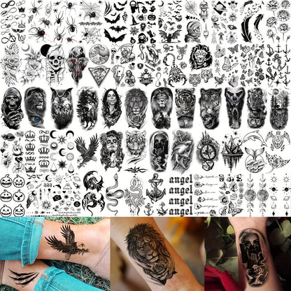 Temporary Tattoos for Adults 71 Sheets Waterproof Long Lasting Old School Gothic Punk Chicano Tiger Wolf Lion Dragon Skull Floral Body Art for Halloween Parties Festivals Costumes
