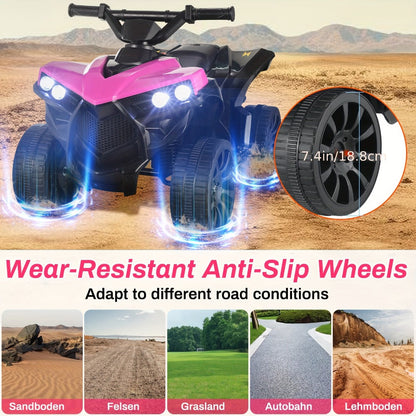 6V Kids Electric Quad ATV Ride-On 4-Wheeler with Headlights Foot Pedal Accelerator Treaded Anti-Slip Tires 1.86 MPH Outdoor Birthday Gift Boys Girls Ages 3+ Pink Blue Red Black