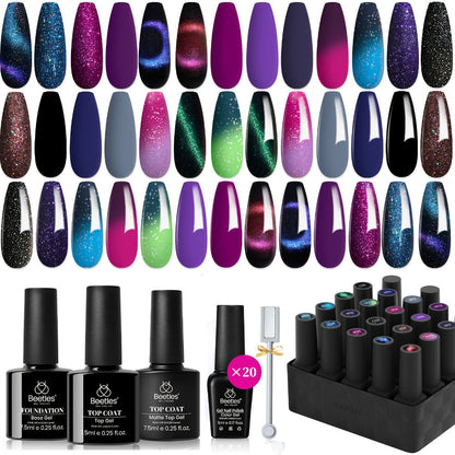 Cat Eye Gel Nail Polish Kit 24pcs — 20 Color Changing Glitter Shades with Base Coat Glossy & Matte Top Coat | Beetles Cosmic Mirage Soak Off LED Nail Art Complete Set | Holiday Birthday Gift for Women