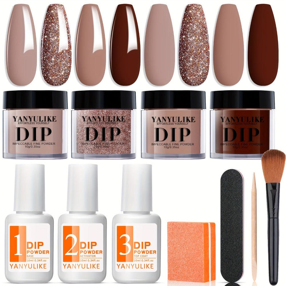 Dip Powder Nail Starter Kit 4 Colors Pink Brown Beige — Complete Dipping Set with Base Coat Activator Top Coat No Lamp Needed French Manicure Beginner Nail Art Gift for Women