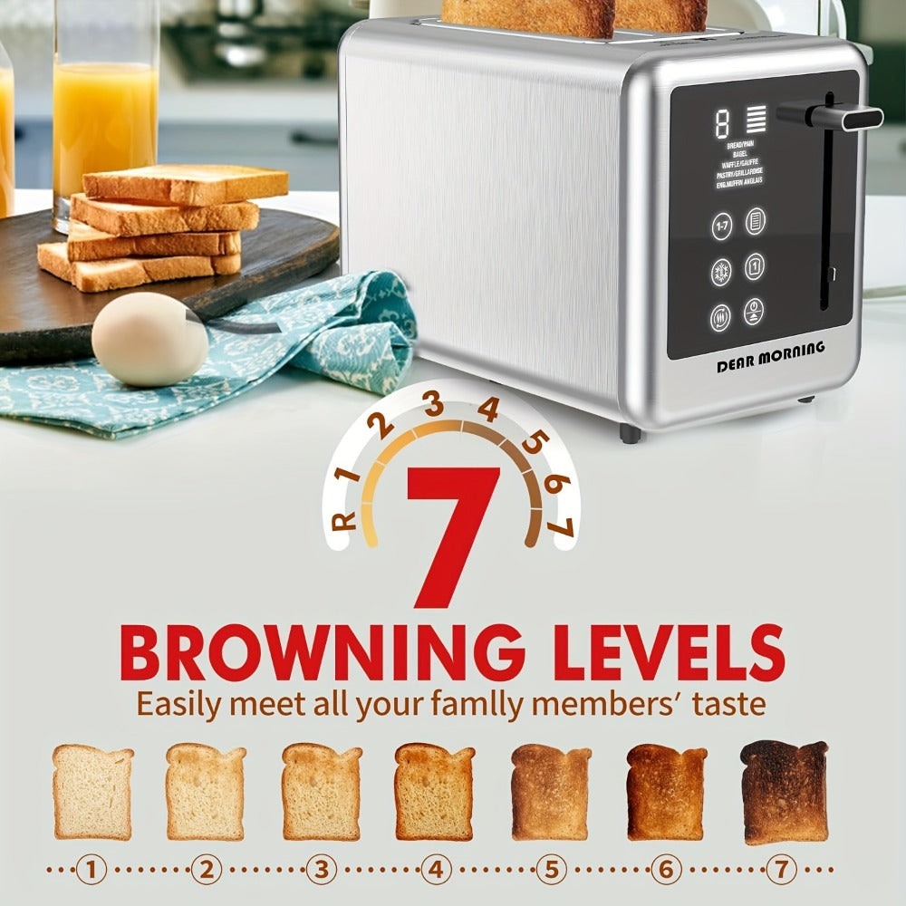 Stainless Steel Toaster 2-Slice Smart Touch Screen – 5 Bread Selections, 7 Shade Settings, Bagel/Defrost/Cancel/Reheat, 1.5" Wide Slot, Removable Crumb Tray