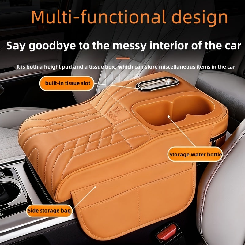 A Car Center Armrest Pad Designed to Elevate Height, Featuring a Tissue Box And a Cup Holder, Available in Various Colors for Storage