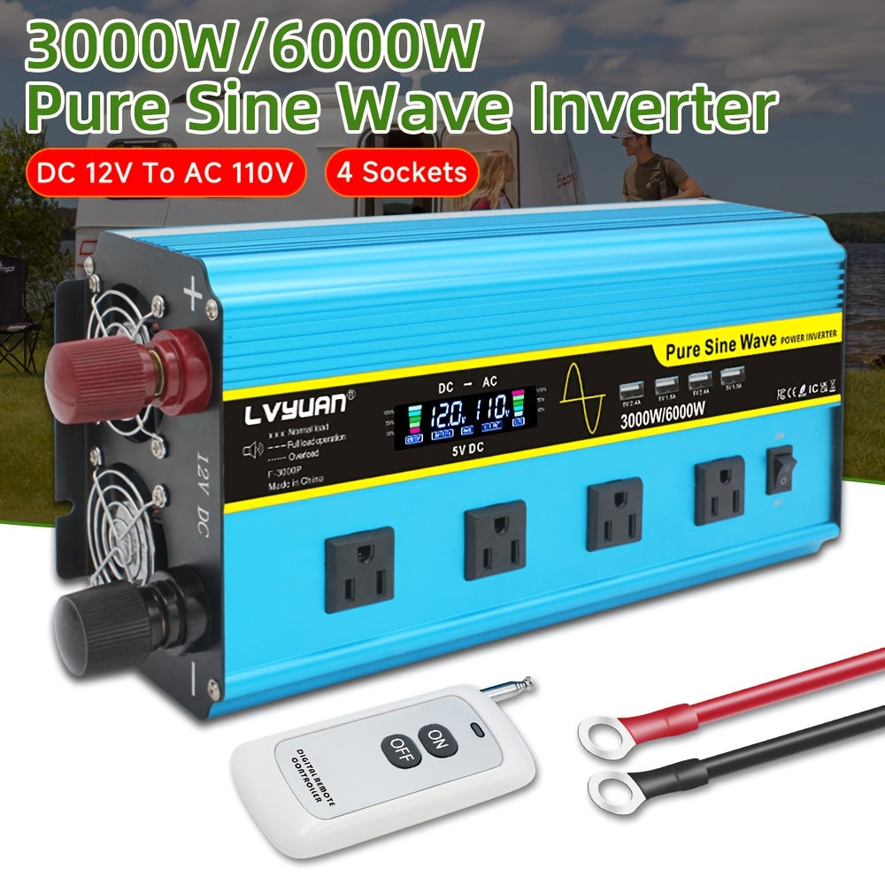 LVYUAN Pure Sine Wave Inverter 3000 Watt/6000W(Peak)Inverter 12V to 110V DC to AC with Remote Controller, LCD Display 4 AC Sockets And 4 USB Charge Ports for Home Car Truck Solar System