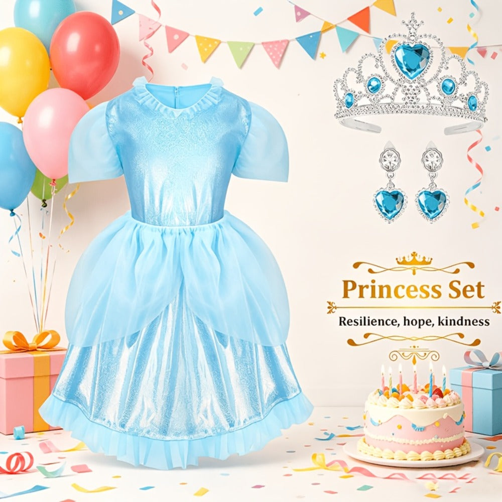 Girls Princess Dress Up Costume Set 14pcs – 5 Role Play Outfits with Crowns, Earrings & Storage Box, Toddler Princess Costumes for Girls Ages 3-6, Birthday Gift