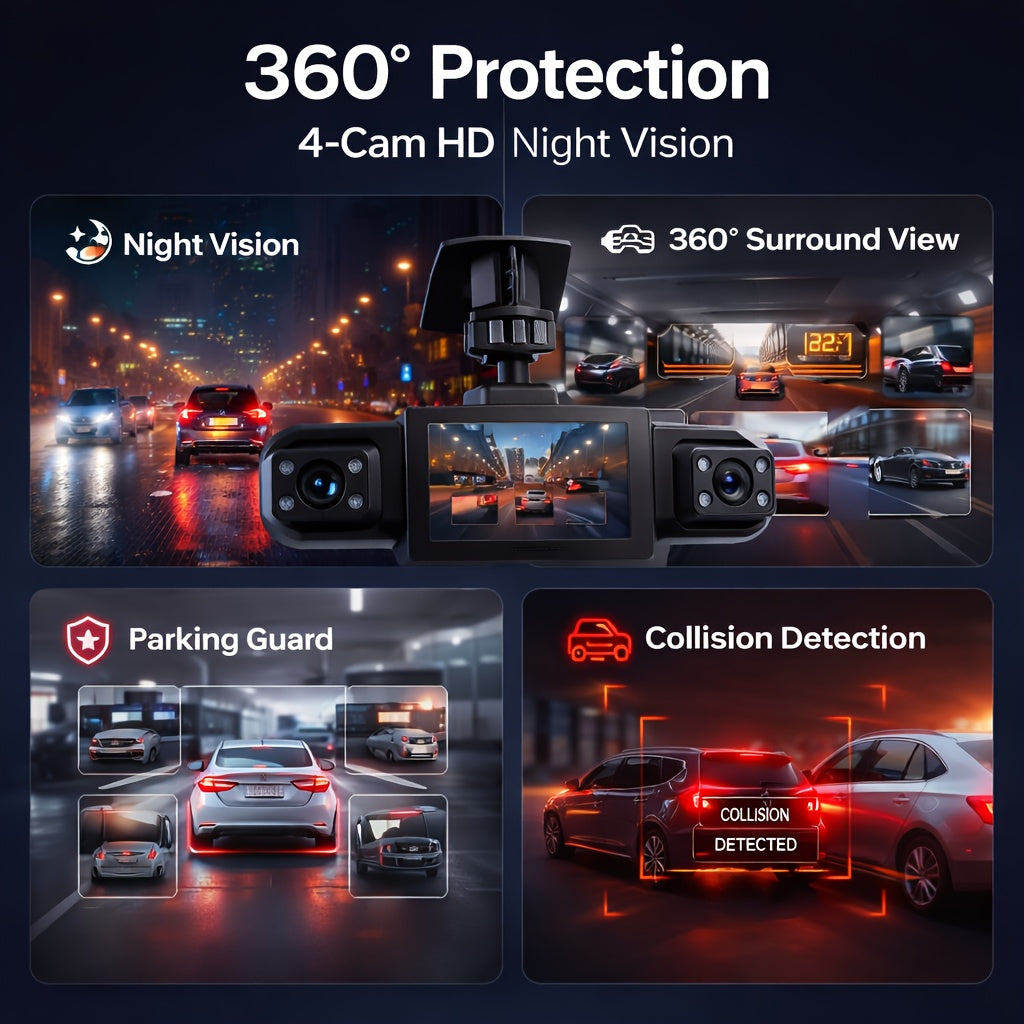 Four-camera HD Dash Cam | 360° View + 3.6-inch Screen, Infrared Night Vision with Dynamic Lock Exposure, Loop Recording, Collision Lock, And Parking Detection