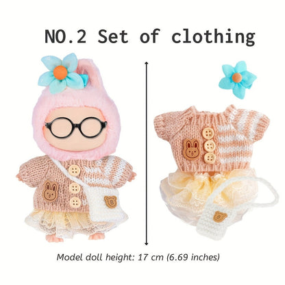 Labubu Doll Clothes 3 Sets Knit Tops Bubble Tulle Skirts Floral Hair Clips Bags for 17cm Plush Dolls Fashion Outfit Gift for Girls Kids Ages 3+ Birthday Christmas