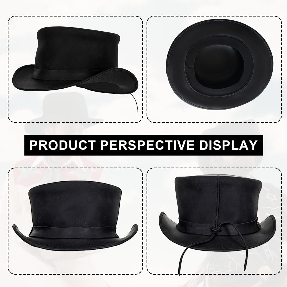 Genuine Leather Top Hat Steampunk Gentleman Shapeable Brim – Real Cowhide Low Crown Topper for Men & Women S-3XL, Halloween Costume Cosplay Motorcycle Riding Fashionable Dress Up Hat