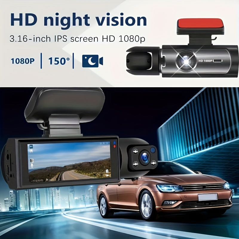 Pomeranian 1080P Dual Camera, Car Dashboard Camera, Front And Interior, Car Camera with Infrared Night Vision, Circular Recording, Wide-angle Car DVR Camera with 3.16-inch IPS Screen, Dual Lens Video Camera, Optional Cardless/64GB Memory Card