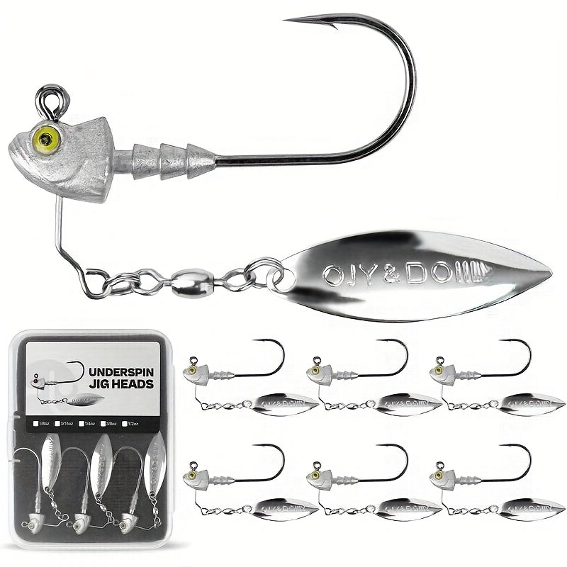 Underspin Jig Heads 6-Pack with 100% Brass Blade – Never Rust Rotating Spinner Jig for Bass & Saltwater Fishing – 3/16oz, 1/4oz, 3/8oz, 1/2oz – Flash & Vibration Swimbait Head