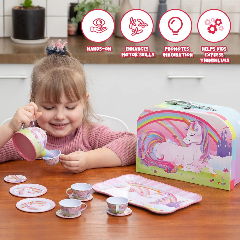 Unicorn Tea Party Set for Girls – Pretend Play Pink Tin Teapot with Cups, Plates & Carrying Case, Magical Rainbow Design, Birthday Christmas Gift for Kids Ages 3+