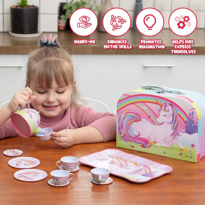 Unicorn Tea Party Set for Girls – Pretend Play Pink Tin Teapot with Cups, Plates & Carrying Case, Magical Rainbow Design, Birthday Christmas Gift for Kids Ages 3+