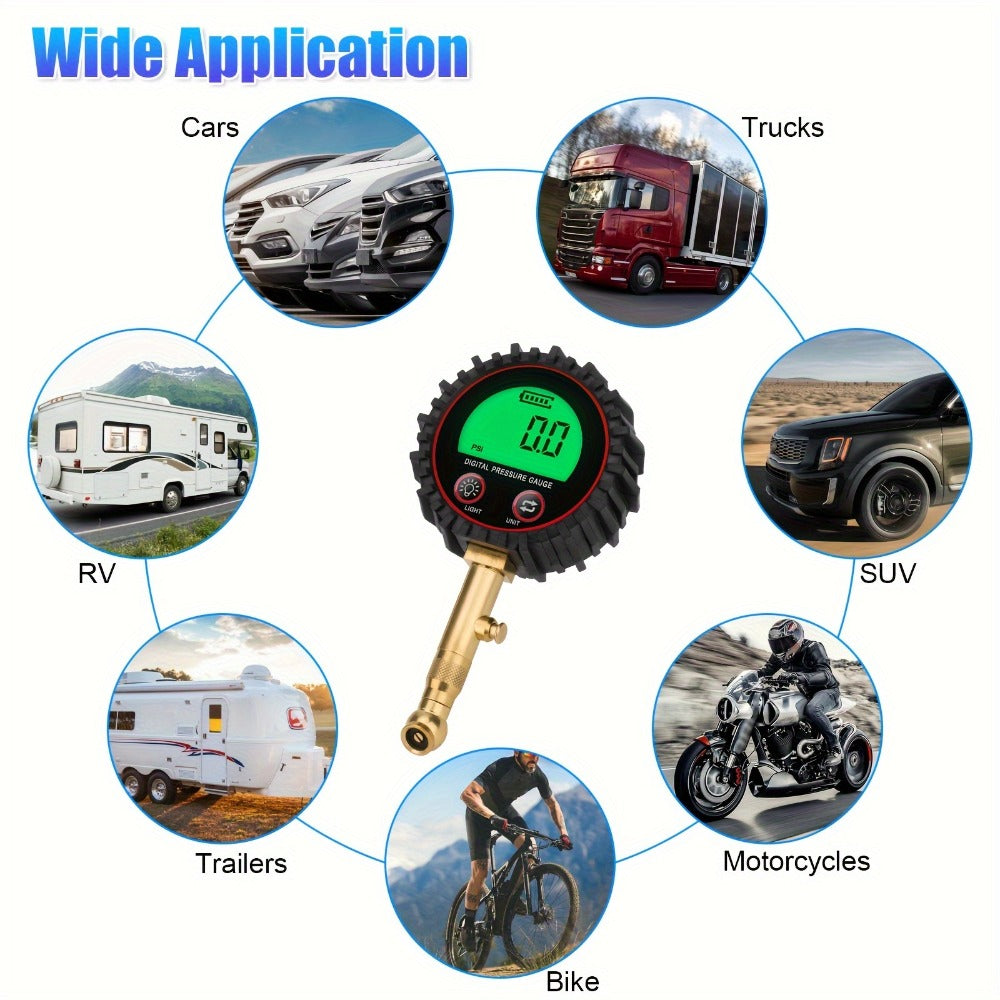 Digital Tire Pressure Gauge LCD 3-255 PSI – 4-Unit Display (PSI/Bar/KPa/kg㎡), Green Backlight, 360° Chuck, Auto Shut-Off for Cars, Trucks, SUVs, Motorcycles & RVs, Black