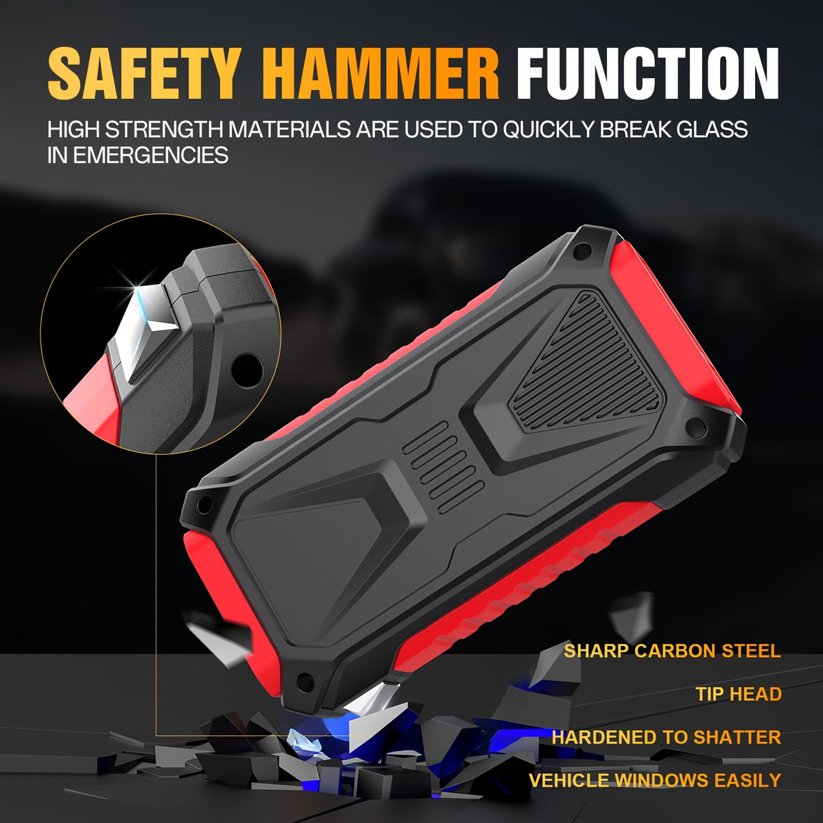 12V Portable Battery Starter | 5000A Peak Jump Starter for 2.64gal Gasoline and 2.11gal Diesel Engines, LED Flashlight, SOS Warning Lights, Emergency Power Supply with Safety Hammer and Compass, USB Dual Use, Rechargeable Lithium Polymer Battery, For RV
