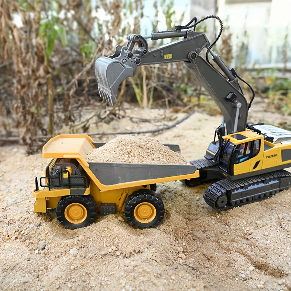 RC Construction Truck Toy 1:24 Scale Alloy Bulldozer Dump Truck & Excavator – 11-Channel Remote Control with Forward, Backward, Turning & Sound, Indoor Outdoor RC Toy Gift for Boys Girls