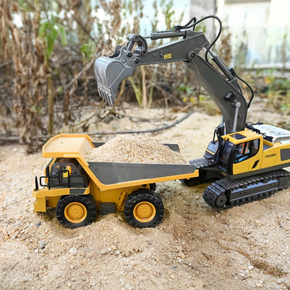 RC Construction Truck Toy 1:24 Scale Alloy Bulldozer Dump Truck & Excavator – 11-Channel Remote Control with Forward, Backward, Turning & Sound, Indoor Outdoor RC Toy Gift for Boys Girls