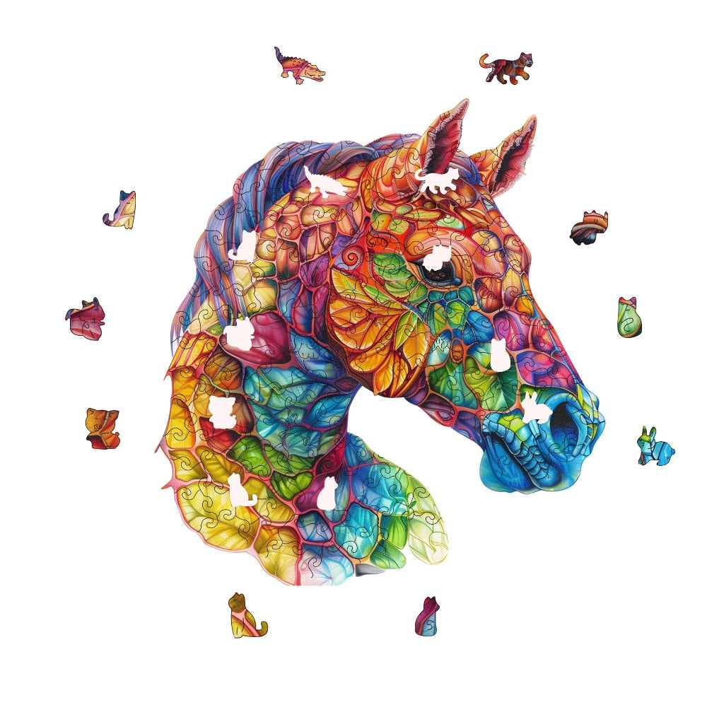Wooden Jigsaw Puzzle Horse Design for Adults – Artistic Irregular Shaped Pieces in 3 Sizes S M L, Challenging Brain Teaser Puzzle for Families, Birthday Halloween Christmas Thanksgiving Gift, Premium Wood
