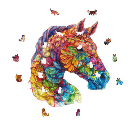 Wooden Jigsaw Puzzle Horse Design for Adults – Artistic Irregular Shaped Pieces in 3 Sizes S M L, Challenging Brain Teaser Puzzle for Families, Birthday Halloween Christmas Thanksgiving Gift, Premium Wood