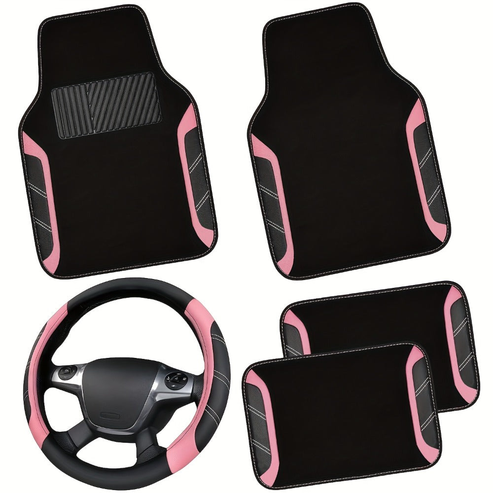 Steering Wheel Cover & Waterproof Car Floor Mats Combo Set – Microfiber Anti-Slip Universal Fit 14.5-15 Inch for 95% Sedan SUV Cars – Sporty Comfortable Design (Black & Blue / Beige / Red / Pink / Gray)