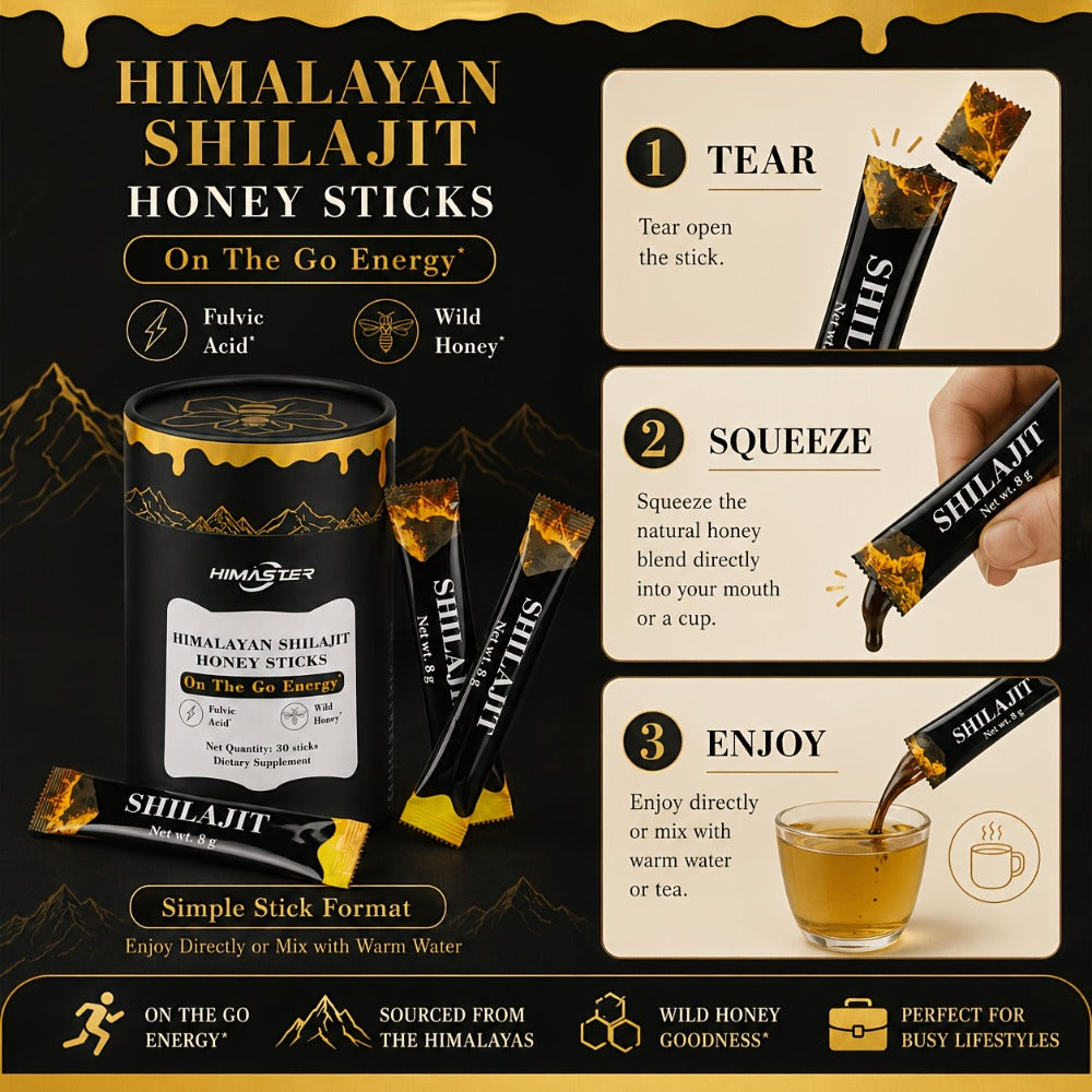 Shilajit Honey Sticks with Saffron, 85+ Trace Minerals & 75% Fulvic Acid – Natural Energy, Focus & Vitality Supplement for Women & Men, 30 Individually Wrapped Sticks