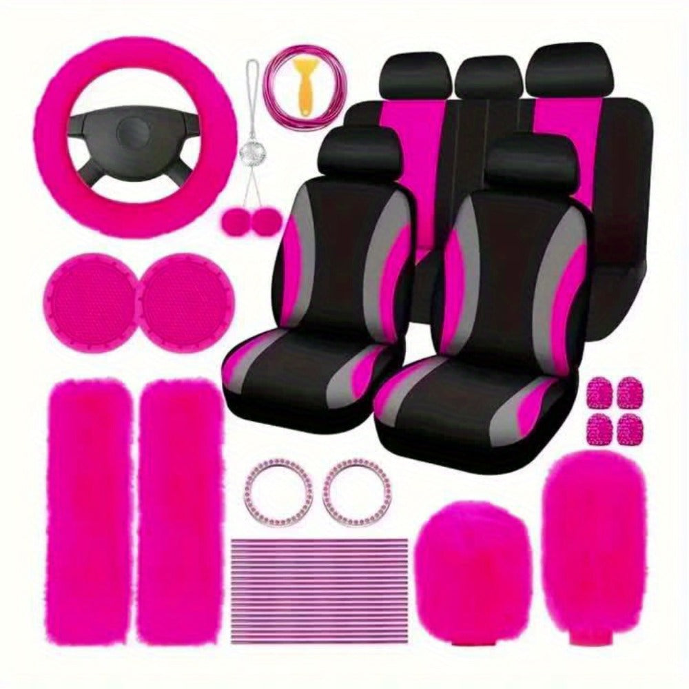 Car Interior Accessories Set for Women 45-Piece – Plush Steering Wheel Cover, Seat Cushion & Pendant, Universal Fit All Seasons, Available in Red, Black, Blue, Pink, Purple & More