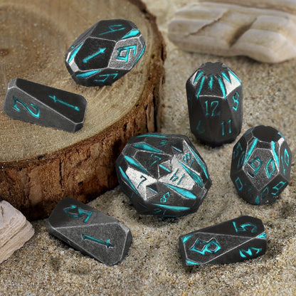 Metal DnD Dice Set 7pcs Glow in the Dark – Stonehenge Zinc Alloy Polyhedral Dice with Display Box, D4 D6 D8 D10 D12 D20 for D&D RPG Tabletop Games, Unique Gamer Gift Blue