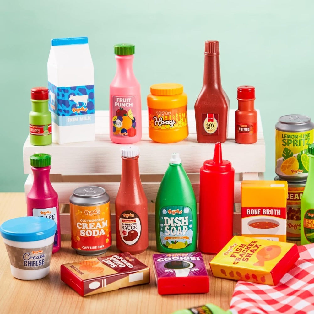 30 Pcs Play Food Grocery Cans Set - Pretend Kitchen Toy with Drinks, Juice, Snacks & Yogurt, BPA-Free Safe, Easter Basket Stuffer, Party Favor Gift for Boys Girls Ages 3+