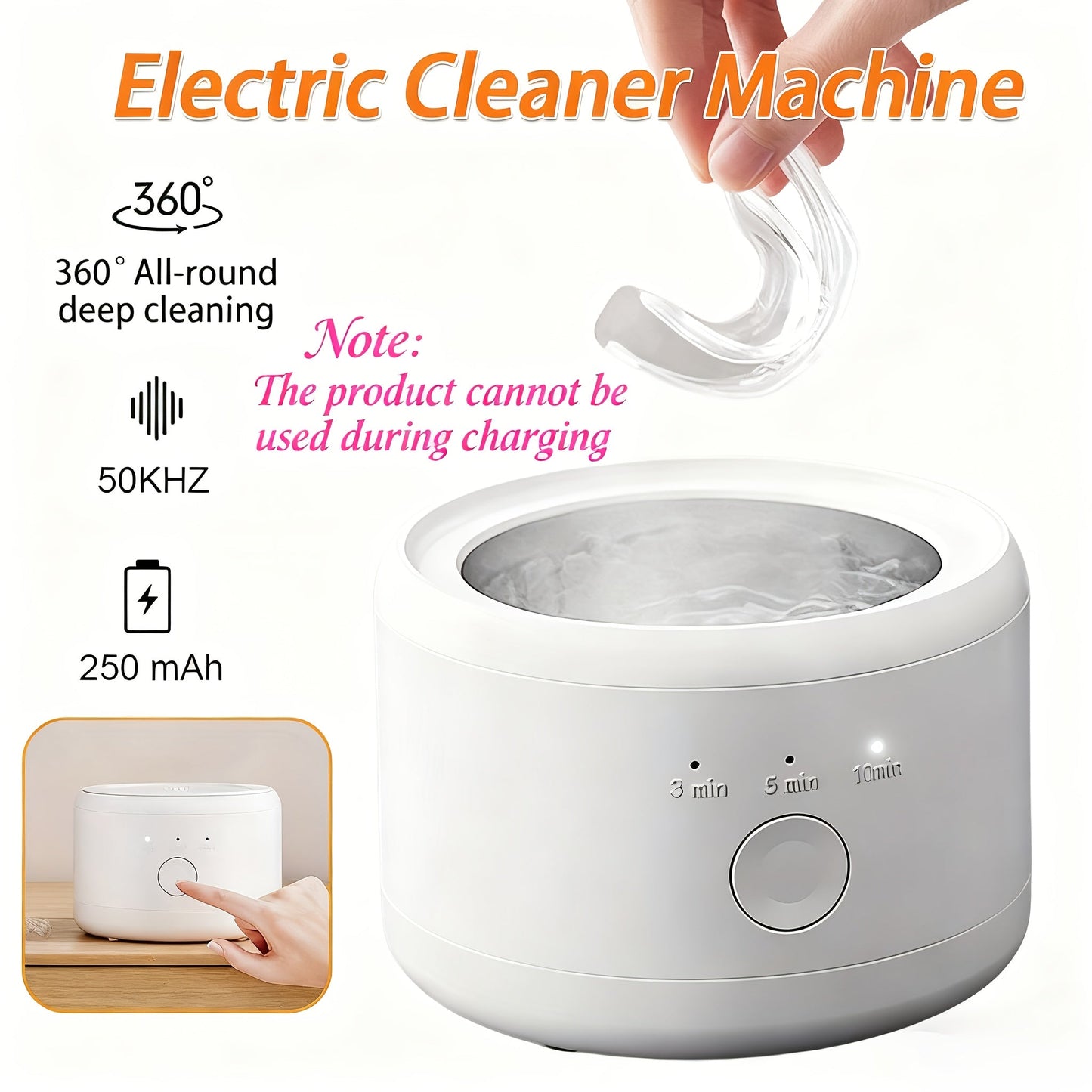 Electric Ultrasonic Cleaner Machine for Dentures Jewelry & Glasses — USB Rechargeable 3 Speeds Auto Timer 180ml Tank One-Touch Portable Dental Cleaning Device for Home & Travel