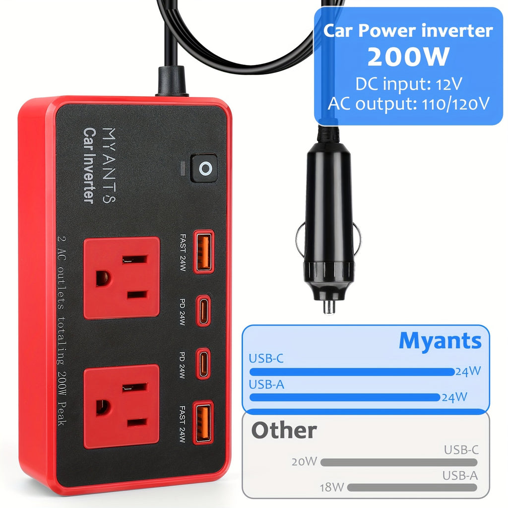 Car Power Inverter 200W, 12V DC to 110V AC Converter Car Outlet Adapter Outlet Fast Car Charger 4 USB Ports 24W [PD & QC 3.0 USB C USB A] Type C Vehicle Power Supply Car Plug Outlet for Road Trips, Camping, Without Battery