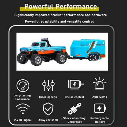 Mini RC Truck Toy 1:64 Scale 2.4GHz Off-Road Alloy Crawler with Detachable Trailer Body Lights & LED Headlights – Collectible Remote Control Truck Model Gift for Boys Girls Adults Blue Green Red