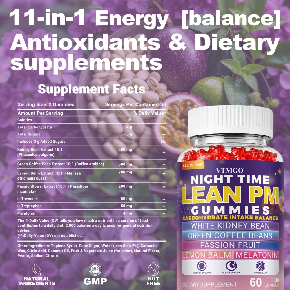 Sleep Gummies with Melatonin, Lemon Balm & Passionflower — Night Time Lean PM Formula | White Kidney Bean, Green Coffee | Relaxation, Restful Sleep & Nighttime Wellness | 60 Gummies