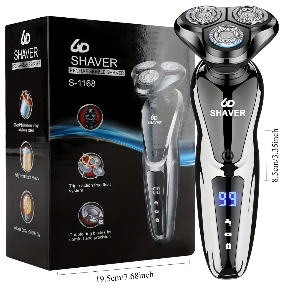 Electric Shaver for Men 3-in-1 Cordless Rechargeable 360° Floating Rotary – Beard Trimmer, Nose Hair Trimmer & Face Shaver with LED Display, 90-Min Battery & USB Charging, Black