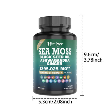 Sea Moss Capsules 3-Pack 180ct with Black Seed Oil Ashwagandha Turmeric Vitamin C D3 — Superfood Supplement for Energy Immunity Thyroid Gut Health Men Women