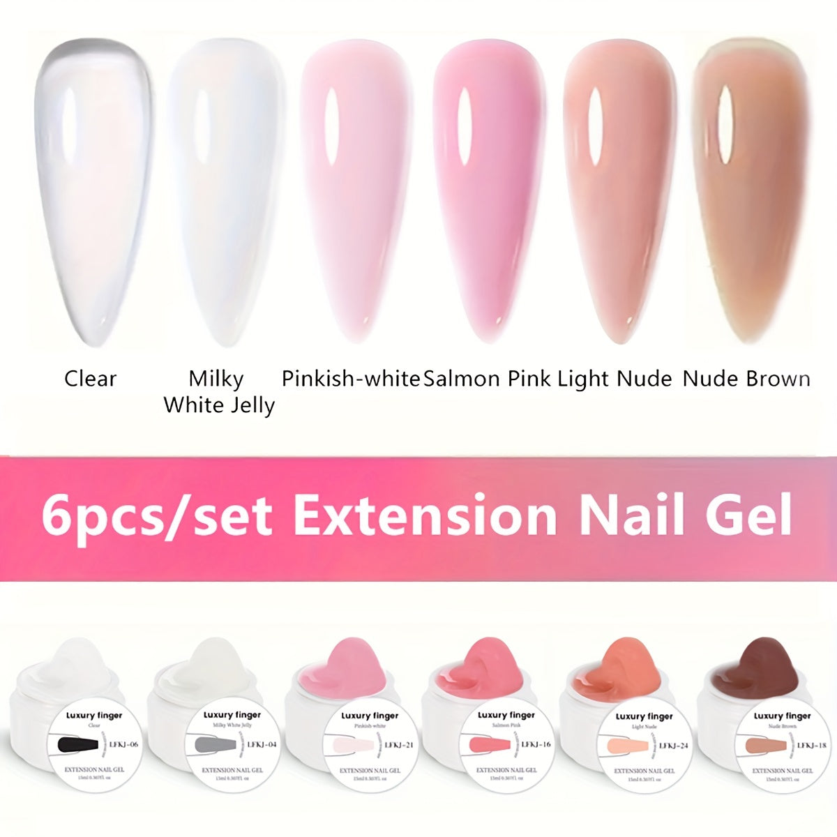 Builder Gel Nail Extension Set 6 Colors 0.51oz Each Crystal Clear White Milky Jelly Light Pink Pink Nude - Alcohol-Free UV LED Self-Leveling Salon Quality Nail Art Kit for Women Extensions Overlays French Manicure