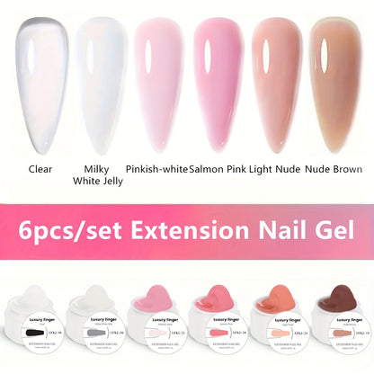 Builder Gel Nail Extension Set 6 Colors 0.51oz Each Crystal Clear White Milky Jelly Light Pink Pink Nude - Alcohol-Free UV LED Self-Leveling Salon Quality Nail Art Kit for Women Extensions Overlays French Manicure