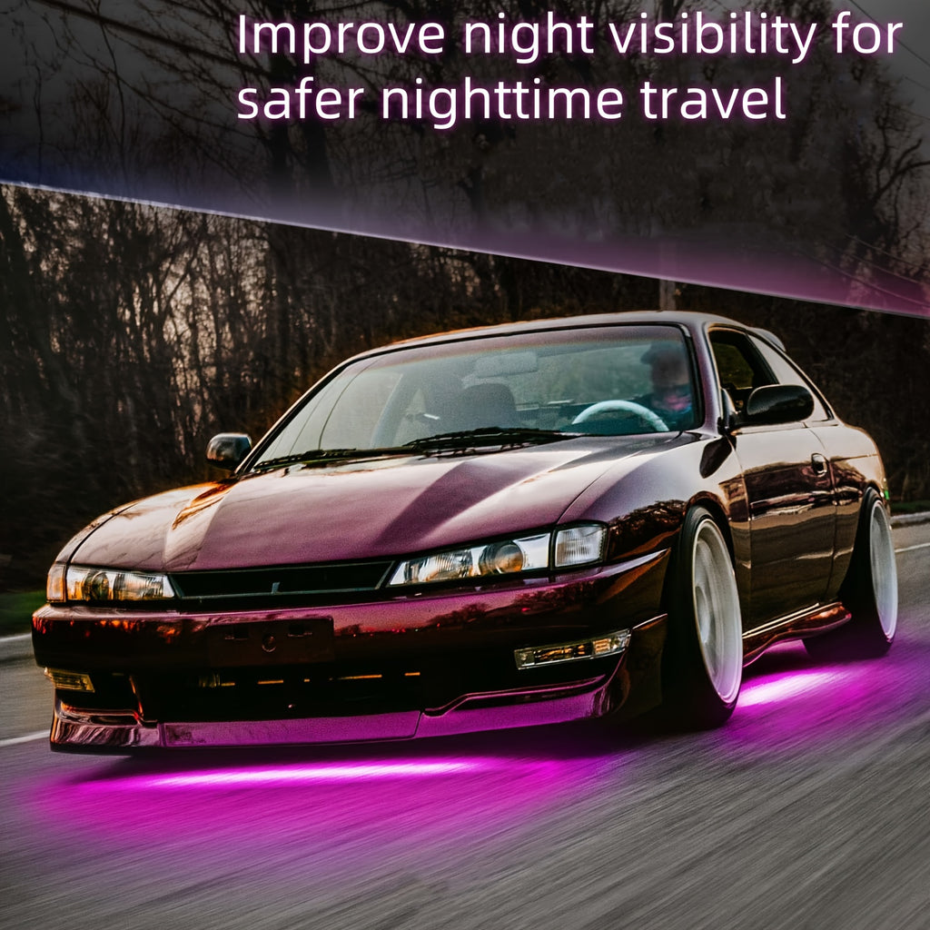 4pcs Car Underglow Neon Accent Strip Lights, App Control 16 Million Colors Music Mode, RGB 8 Color Sound Active Function Music Mode with Wireless Remote Control Underbody Light Strips for Car Van SUV Truck, DC 12V 90*120cm/35.43in+47.24in