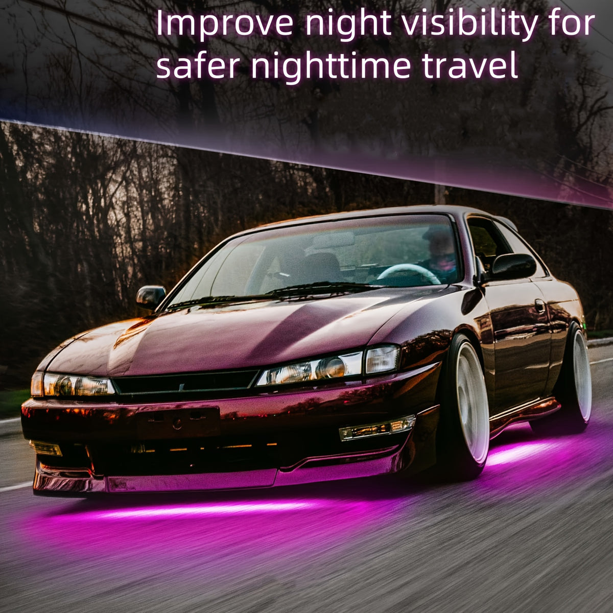4pcs Car Underglow Neon Accent Strip Lights, App Control 16 Million Colors Music Mode, RGB 8 Color Sound Active Function Music Mode with Wireless Remote Control Underbody Light Strips for Car Van SUV Truck, DC 12V 90*120cm/35.43in+47.24in