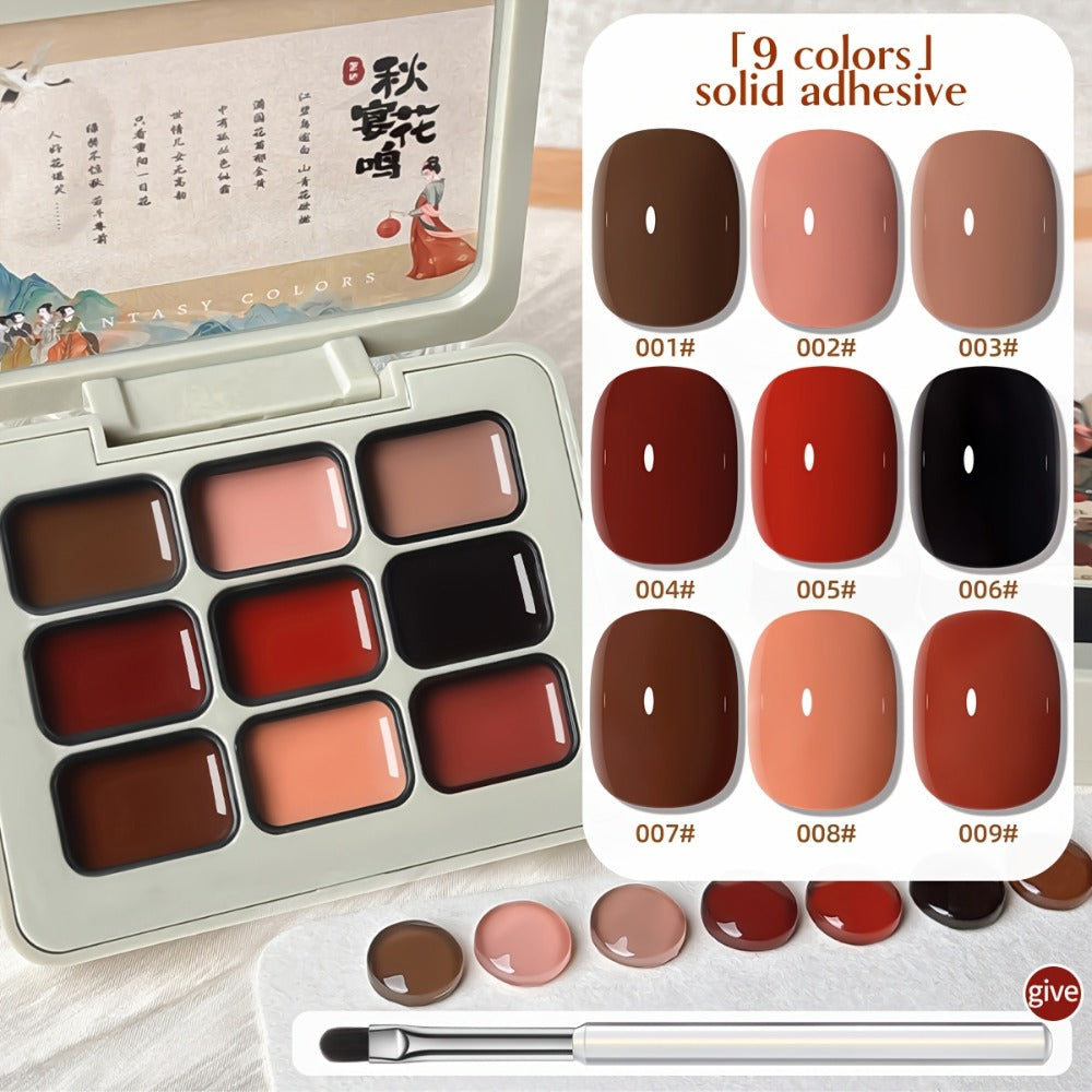 Gel Nail Polish Set 9 Colors Autumn Harvest High Saturation Soak-Off LED — Alcohol-Free Long-Lasting Solid Gel Polish Kit with Light Therapy Pen for Salon & Home Manicure