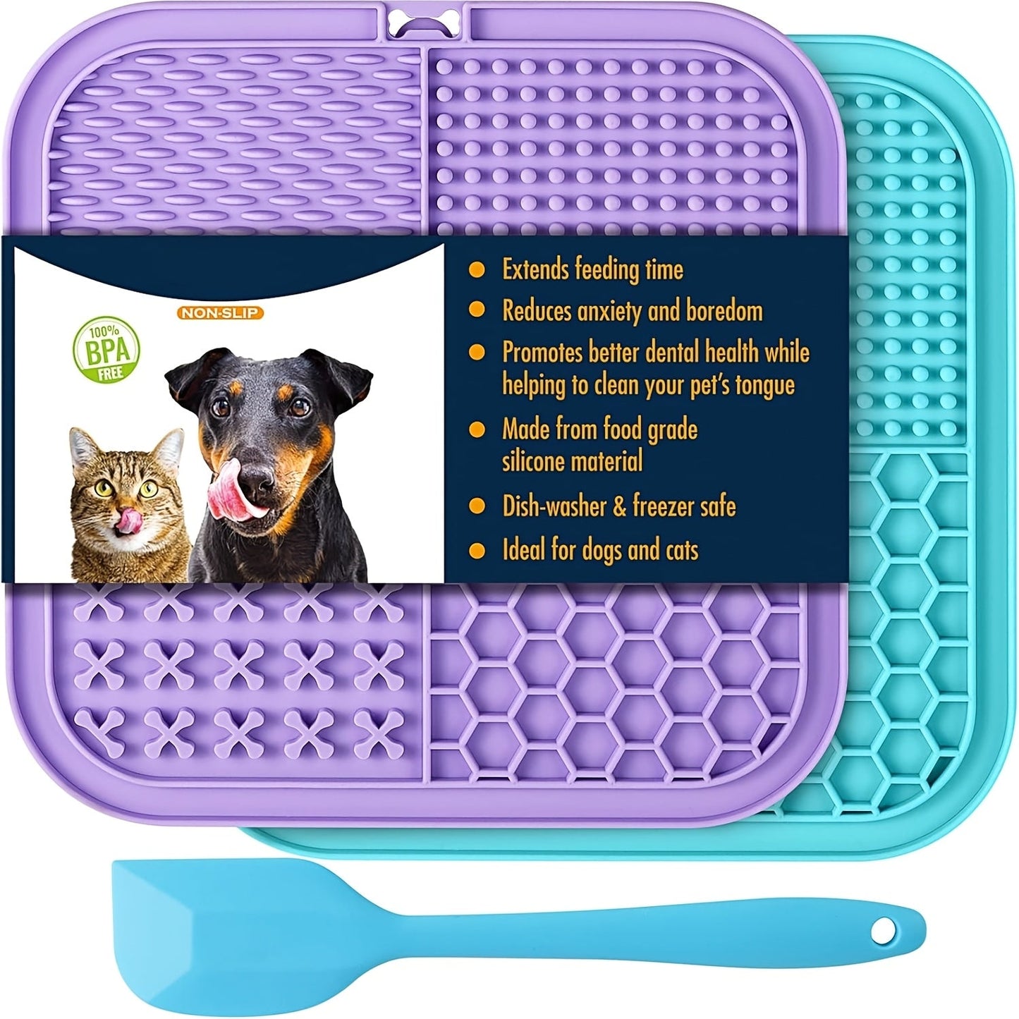 Licking Mat for Dogs and Cats with Suction Cup - Slow Feeder Boredom Buster Pad for Peanut Butter & Treats, Calming Bath & Grooming Aid, Available in 1pc 2pcs 4pcs Sets, Blue & Purple
