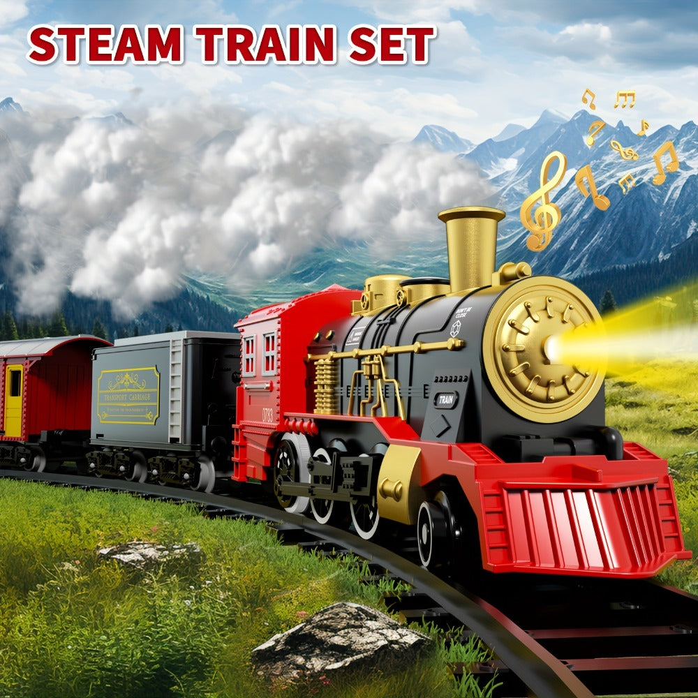 Electric Train Set for Kids with Steam Locomotive Engine Lights & Sound – Classic Christmas Train Toy with 16 Tracks 8 Cards for Boys Girls Ages 3+ Birthday Holiday Gift