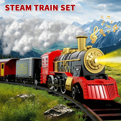 Electric Train Set for Kids with Steam Locomotive Engine Lights & Sound – Classic Christmas Train Toy with 16 Tracks 8 Cards for Boys Girls Ages 3+ Birthday Holiday Gift
