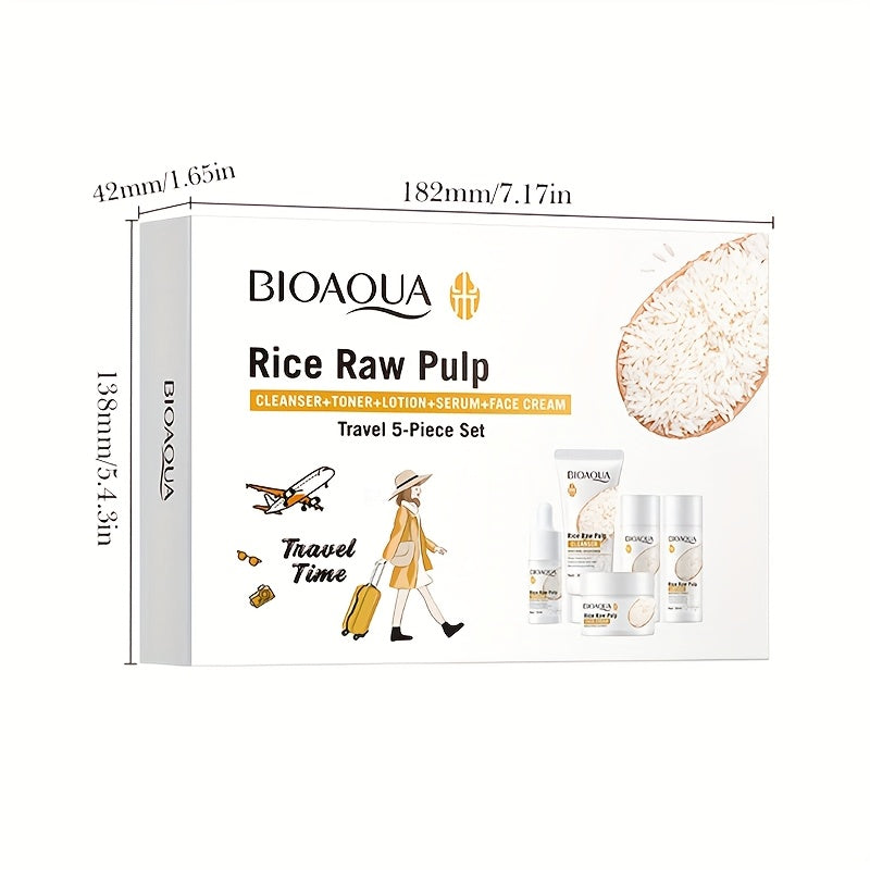 Rice Raw Pulp Skincare Set 5pcs Mini Travel Size Brightening Moisturizing Facial Care — Cleanser Toner Essence Cream Lotion for Women All Skin Types Hydrating Routine Gift