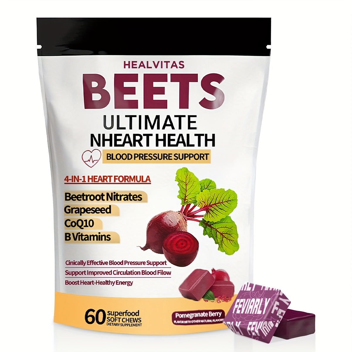Beetroot Gummies with CoQ10 & Multi-Vitamins — 4-in-1 Heart Health & Blood Pressure Support Supplement | Pomegranate Flavor Chewable Gummies for Cardiovascular Wellness, Circulation & Energy | 60 Gummies 30-Day Supply | 1 or 3 Pack
