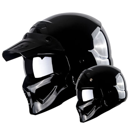 Convertible Motorcycle Helmet Full Face & Open Face 2-in-1 – Detachable Visor, Face Mask & Smoked Shield, Aerodynamic Thermoplastic Shell, Classic Style, Adult S/M/L/XL