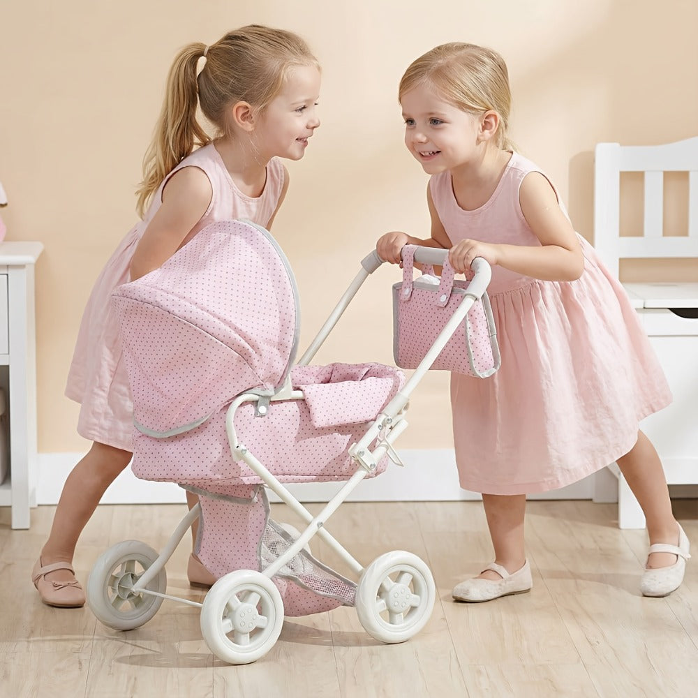 3-in-1 Baby Doll Stroller Set Pink Foldable Pram with Bassinet & Carry Bag for 14-24 Inch Dolls Swivel Wheels Adjustable Handle Nursery Role Play Gift for Girls Ages 3-12 (No Doll)