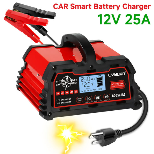 LVYUAN US Plug 12V25A 24V12A Battery Charger (Not Car Jump Starter), Lifepo4 Lead Acid Portable Car Battery Charger 8-Stage Trickle Charger Smart Battery Maintainer W/Temp Compensation for Car Truck Motorcycle And Boat Batteries Car Additions