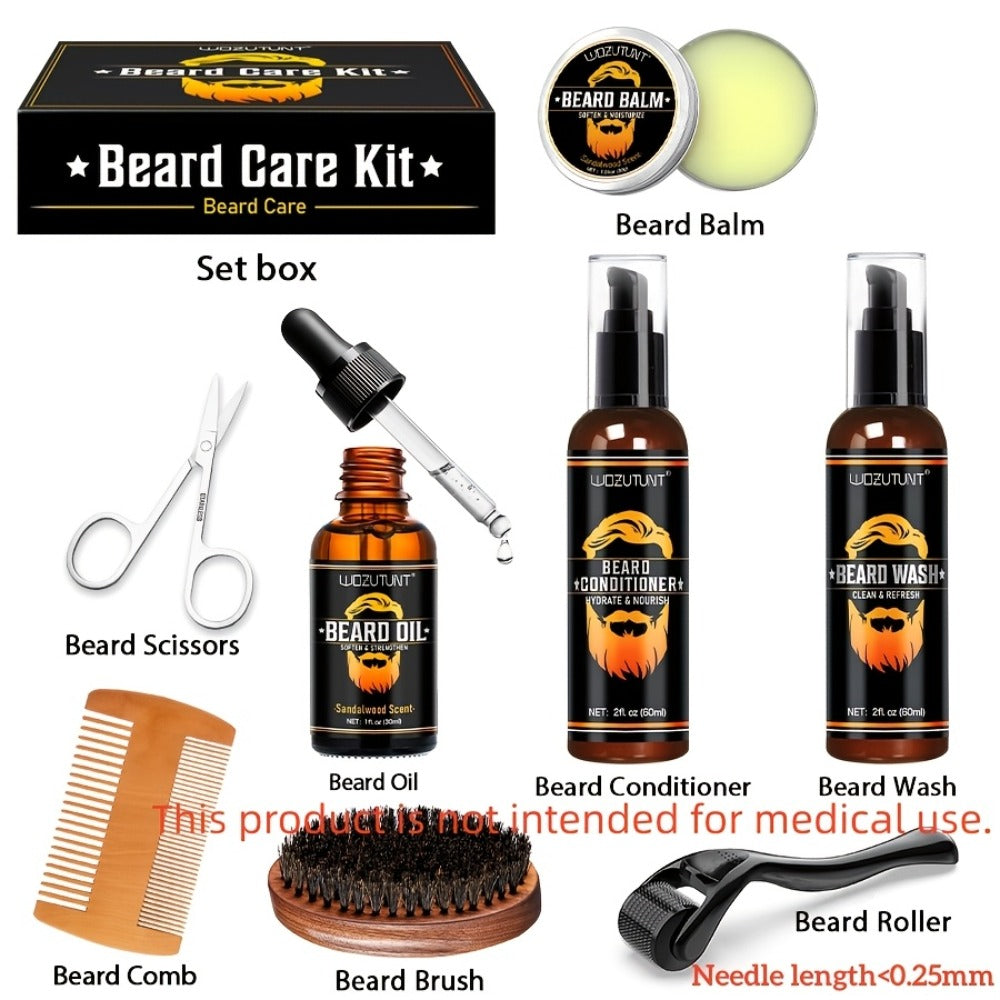 Beard Oil & Balm Grooming Kit for Men — 9-Piece Complete Beard Care Set with Conditioner Wash Brush Comb Clippers Travel Pouch, Beard Pen Option, Birthday Father's Day Gift