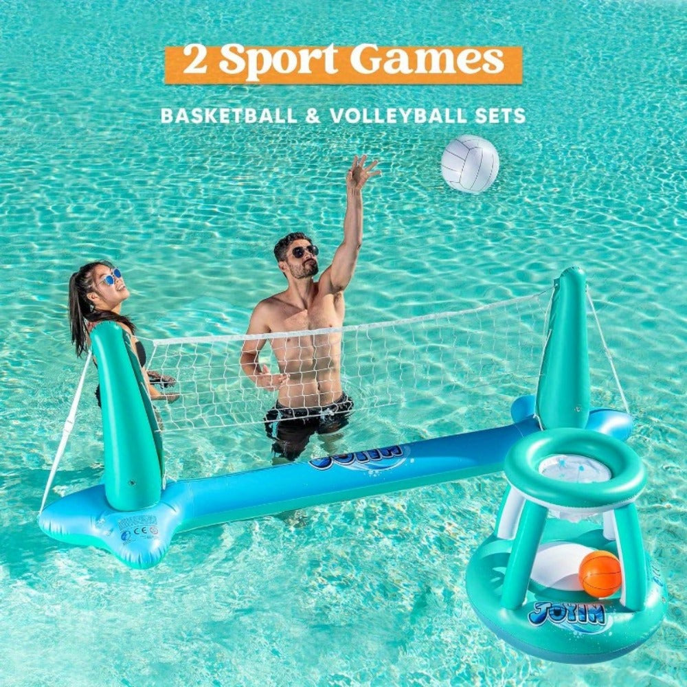 Inflatable Pool Volleyball Set with Basketball Hoop – 2-in-1 Floating Net Court Game for Kids & Adults, Summer Pool Party Toy, Outdoor Swim Sport, Backyard Water Fun