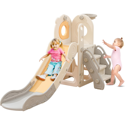 5-in-1 Toddler Slide with Basketball Hoop L-Shaped Freestanding Kids Indoor Outdoor Slide for Toddlers Ages 1-3 Boys Girls Birthday Playground Toy