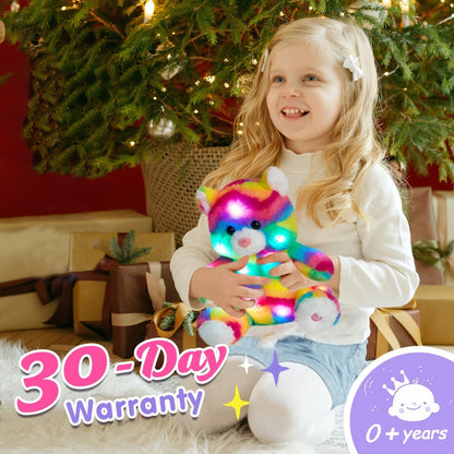 Glow in the Dark Rainbow Cat Plush Toy with Music — Kawaii Glowing Kitty Stuffed Animal Night Light Companion for Kids Girls, Birthday Mother's Day Christmas Valentine Gift for Cat Lovers