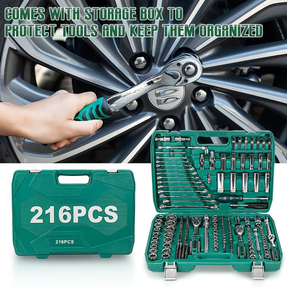 Mechanic Tool Kit Auto Repair Socket Set 1/4" 3/8" 1/2" Drive Ratchet Wrench Combination – 53 to 216-Piece Professional Grade Car Repair Tools with Depth & Standard Sockets